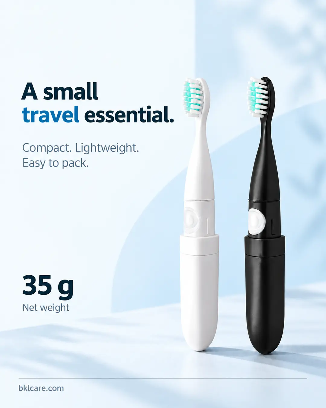 Black and white BJ-MA002 travel electric toothbrushes with a stated net weight of 35 g.